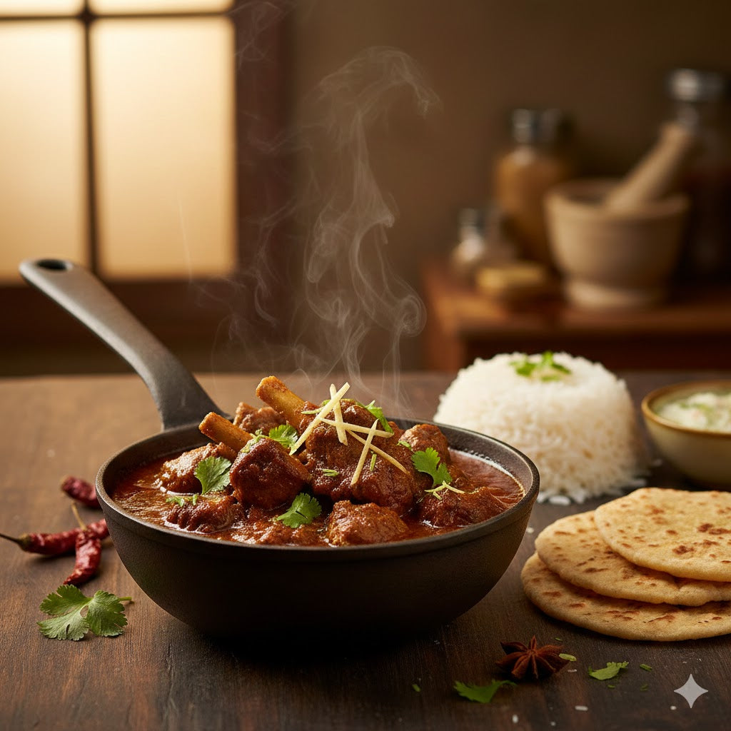 Steaming bowl of curry with naan bread and rice on a wooden table